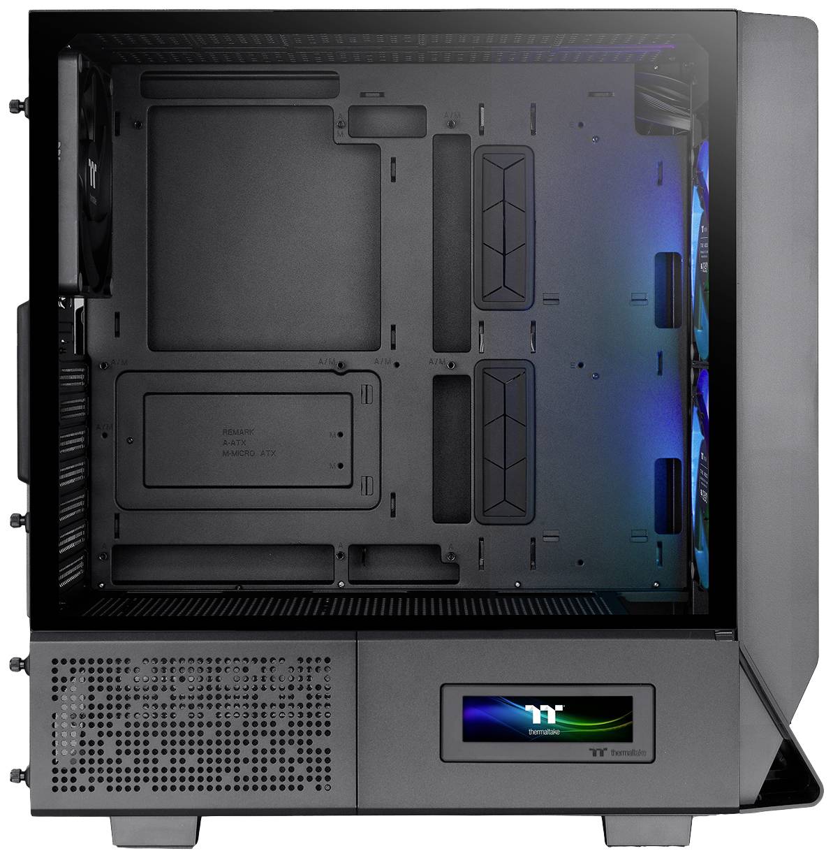 Black computer case with transparent side panel, empty interior visible, two RGB fans on the rear for cooling.