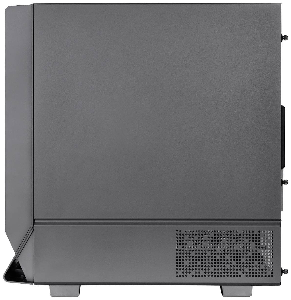 Black PC case viewed from the side with ventilation slots in the bottom right.