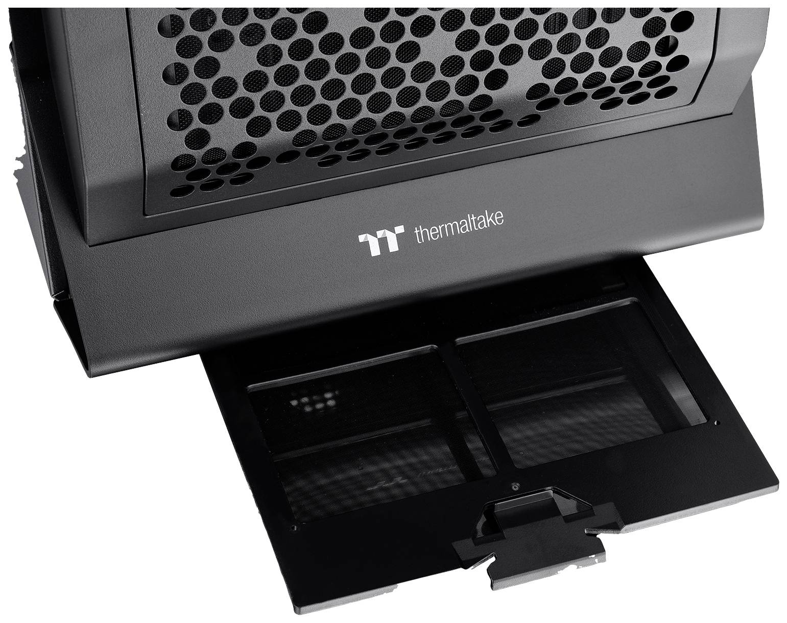 A black Thermaltake computer case fan with a removable dust filter underneath, which improves airflow and cooling.