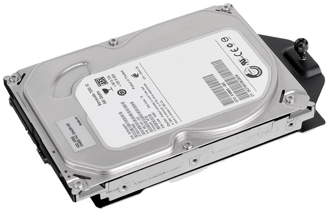 A hard drive in a metal enclosure, with visible screws and barcode label, is lying on a white background.