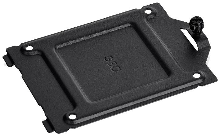 A black metal SSD mounting bracket, rectangular in shape with a screw located in the top right corner, used for securing a solid-state drive within a computer case.
