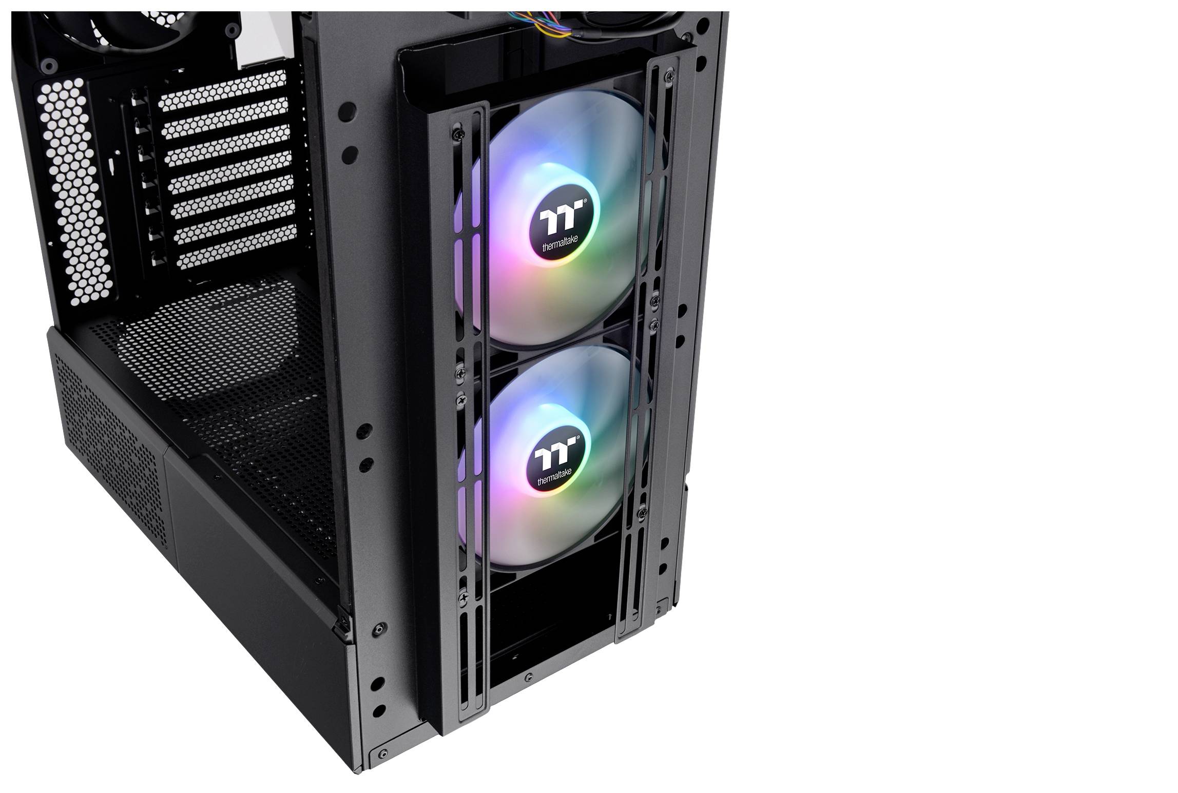 Computer case with two RGB-illuminated fans. Fans demonstrate good cable management and ensure cooling inside the case.