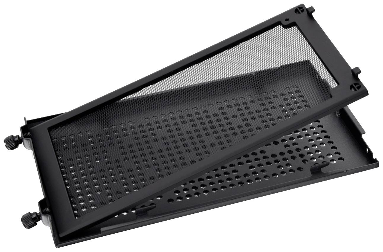 Black, rectangular computer dust filter with removable grid and ventilation slots, suitable for PC cases.
