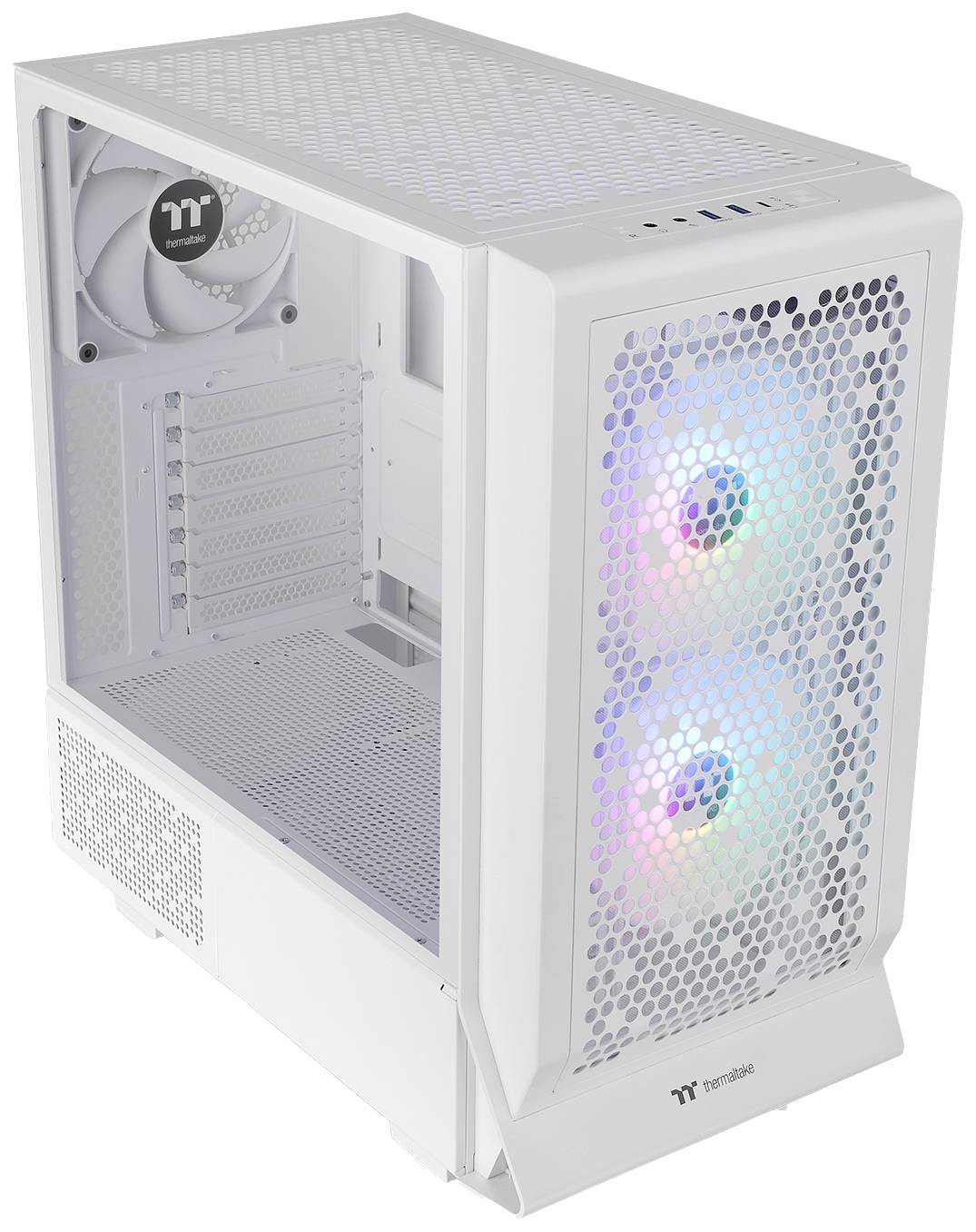 White computer case with side fan and front fans featuring RGB lighting. Mesh design for optimal ventilation.