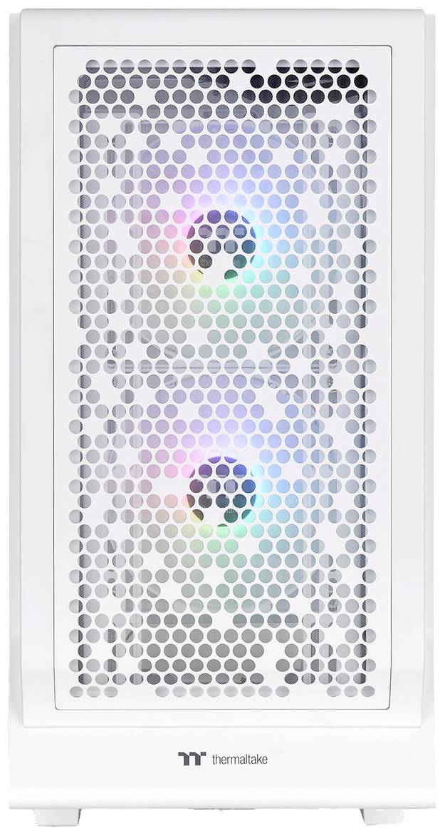 A white computer case by Thermaltake with visible, illuminated fans gleaming through the hexagonal grille.