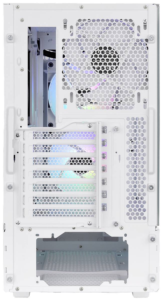 Back of a white computer case with a fan and multiple connection ports, fan glowing blue and purple.