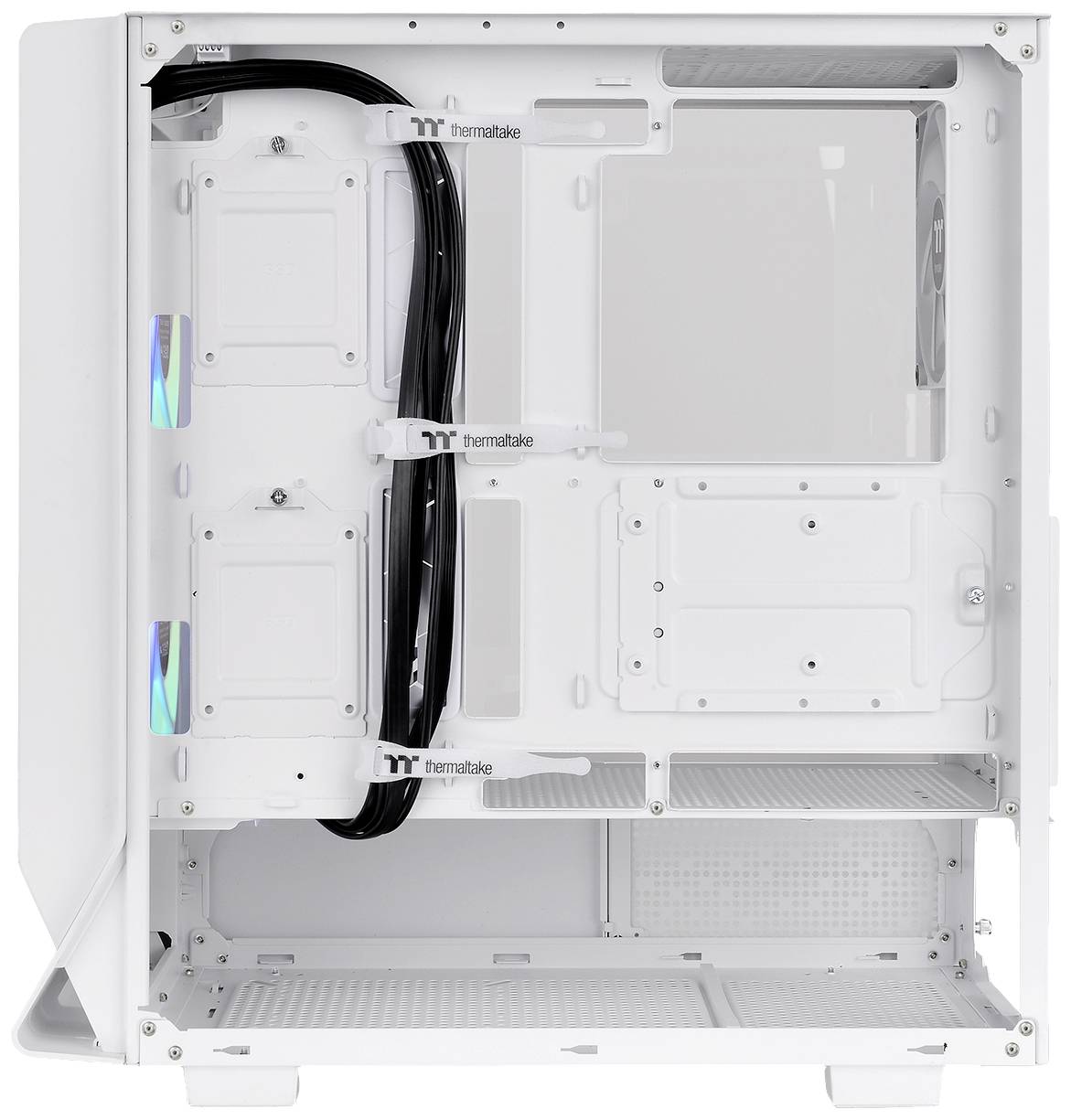A white computer case with an open interior reveals cable management solutions, component mounting brackets, and ventilation slots.