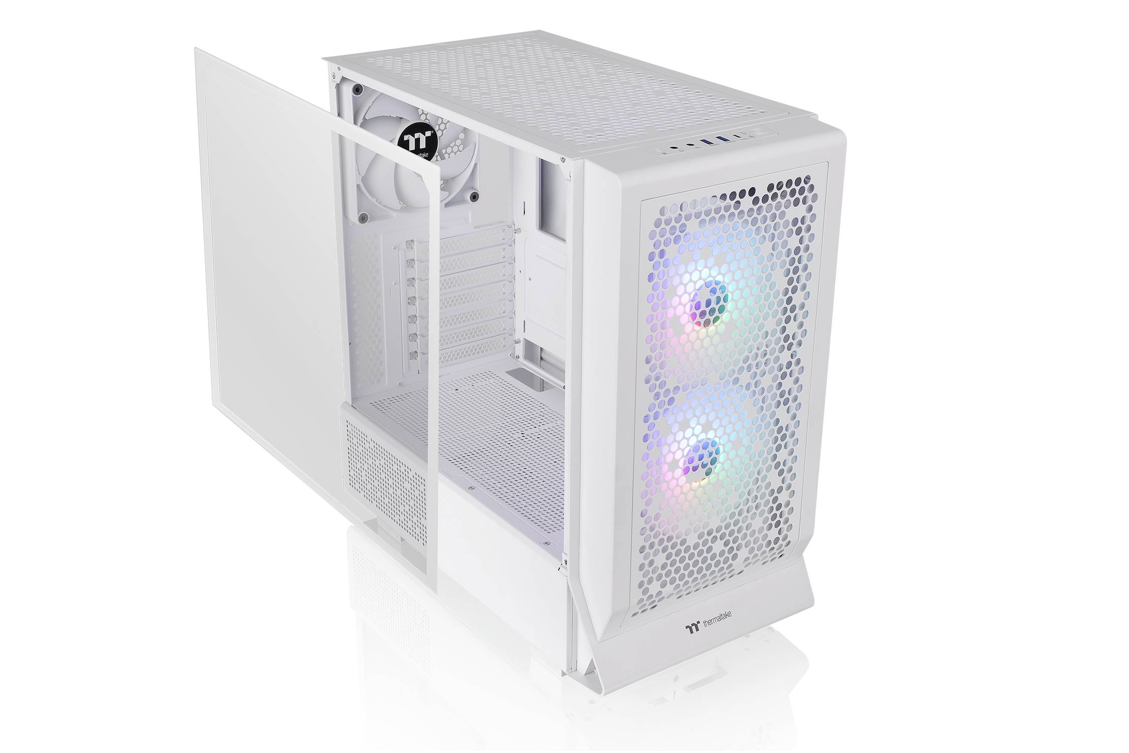 A white computer case with a transparent side panel displays two illuminated fans at the front.