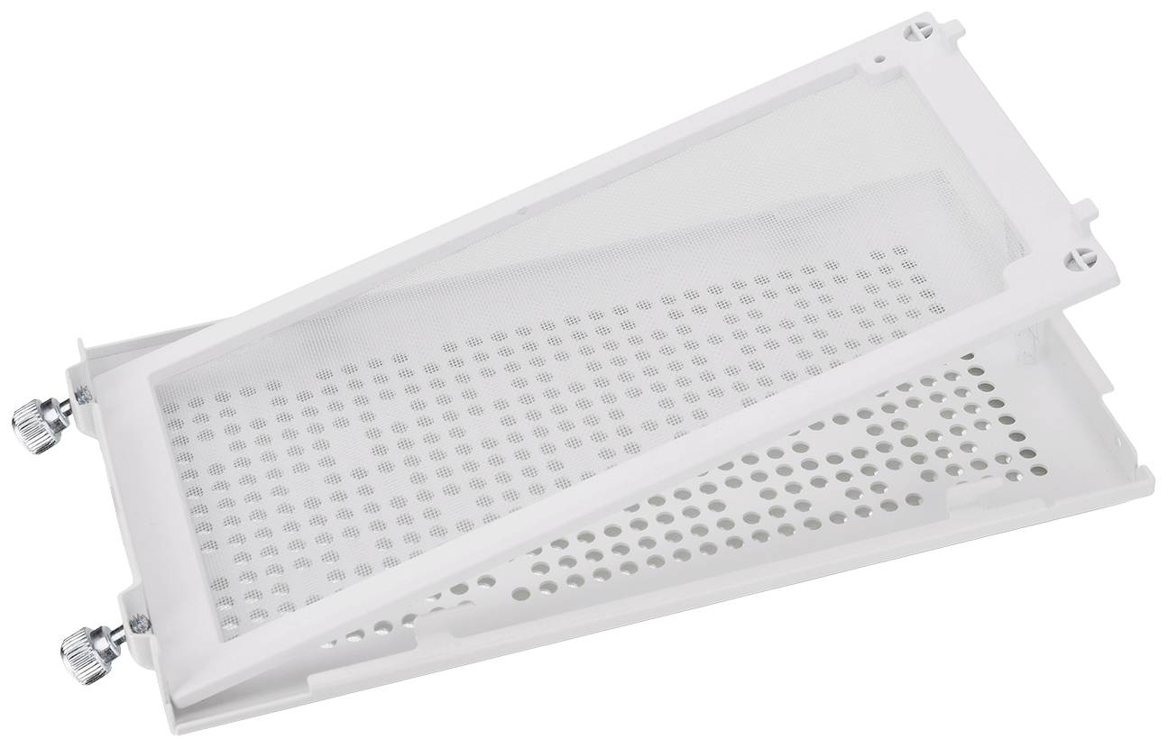 Two white, perforated plastic plates with screws at the corners, layered on top of each other.