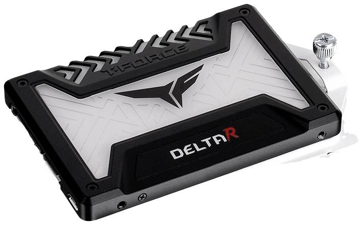 External SSD drive 'T-FORCE DELTA R' with black casing and geometric pattern, suitable for computer and gaming applications.