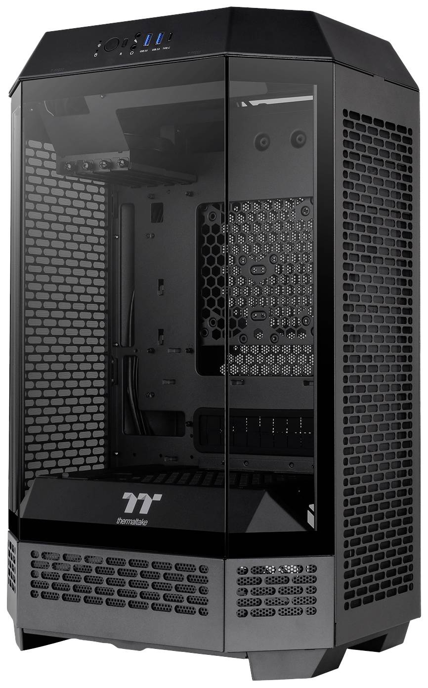 Black, empty computer case with a glass window, revealing the interior. Design appears modern and robust, suitable for gaming PCs.