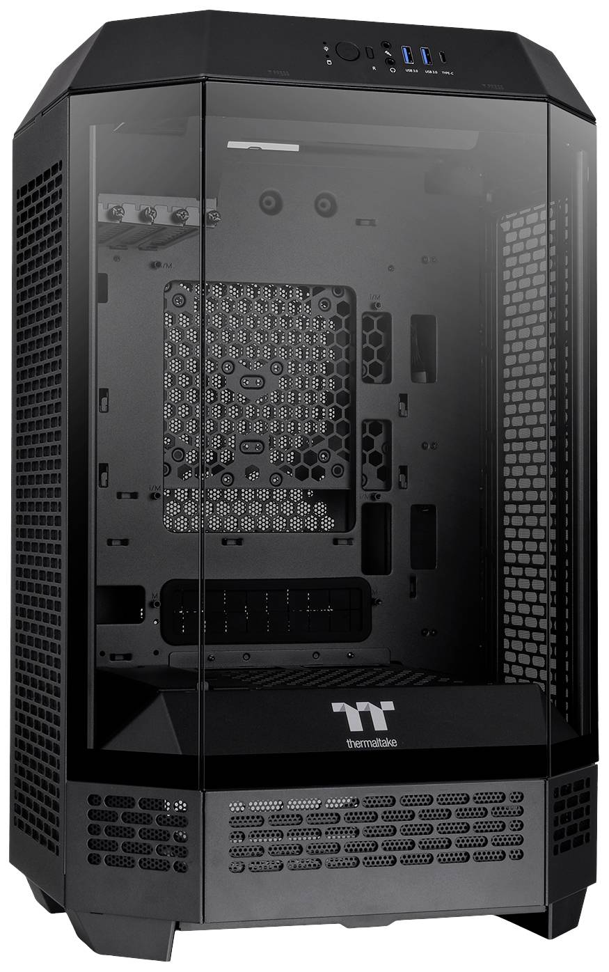 A black PC case with a transparent window, revealing the internal components. It features ventilation slots and ports on the top.