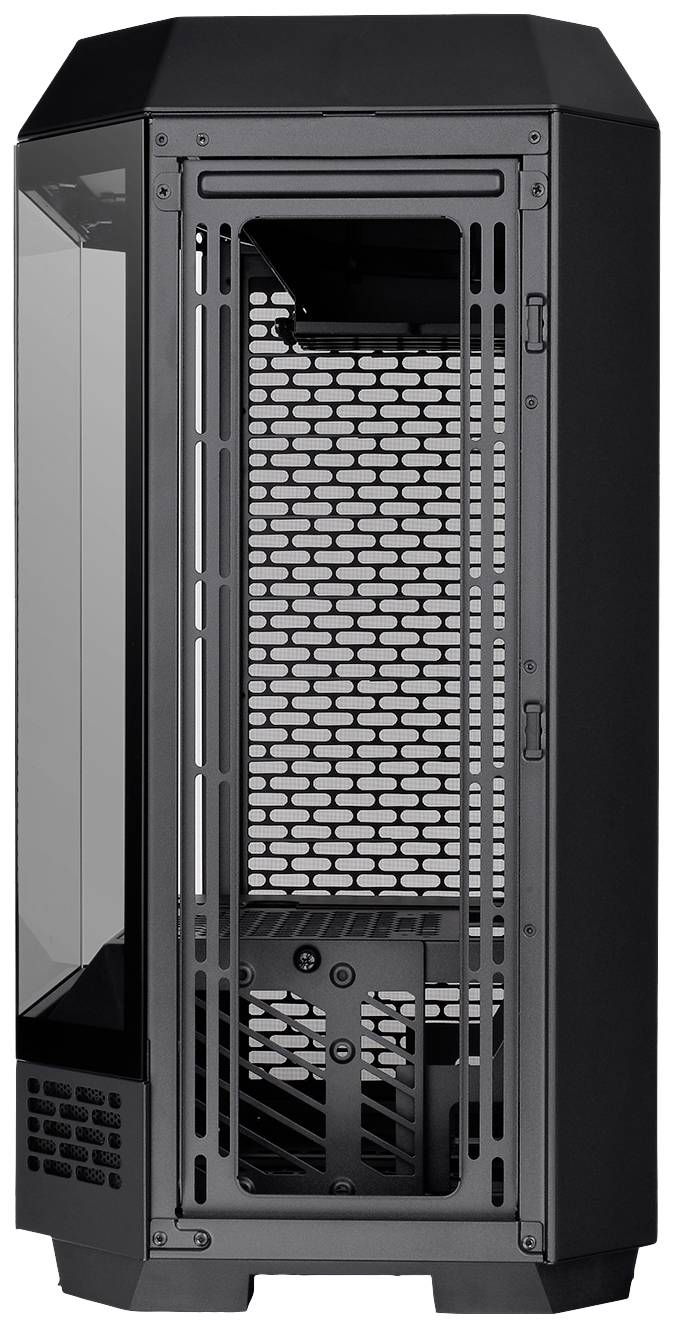 An open computer case with a black metal frame and side window. It reveals the internal space for hardware components.