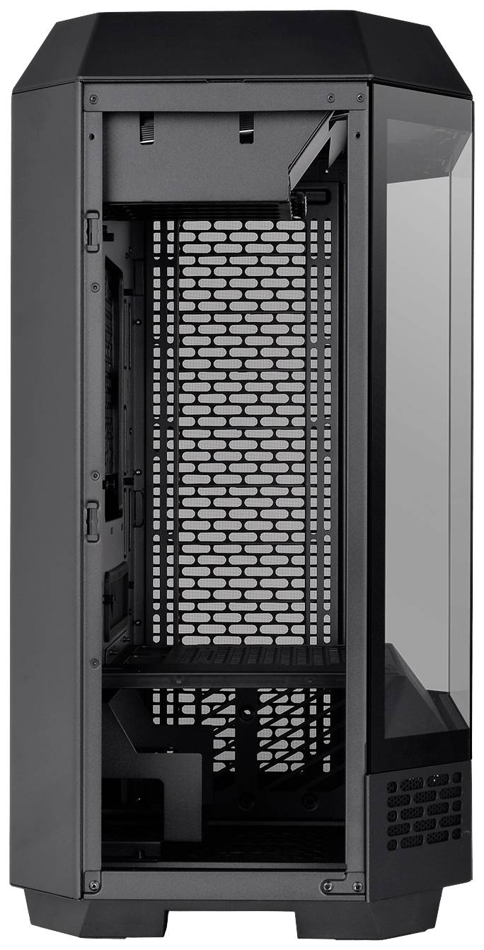 Black computer case with transparent glass panel, showing empty interior for hardware components.