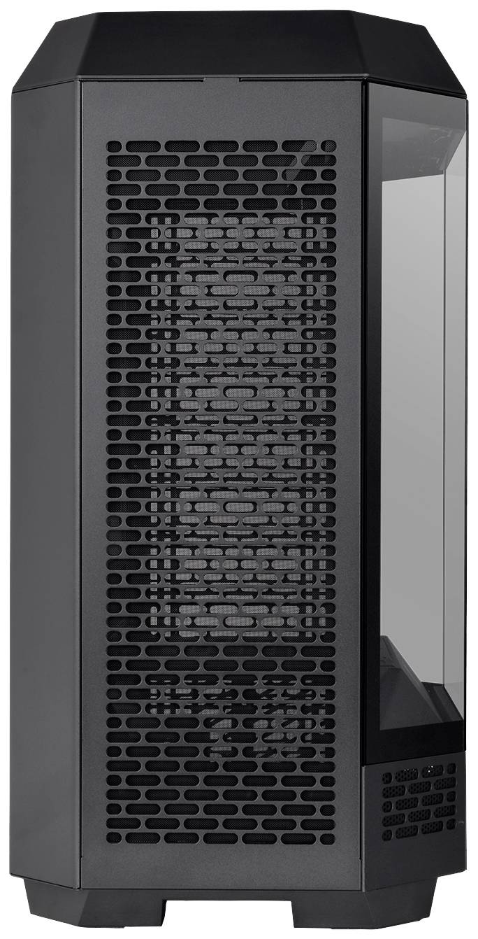 A black computer tower case with a mesh pattern on the front and a glass side panel on the right.