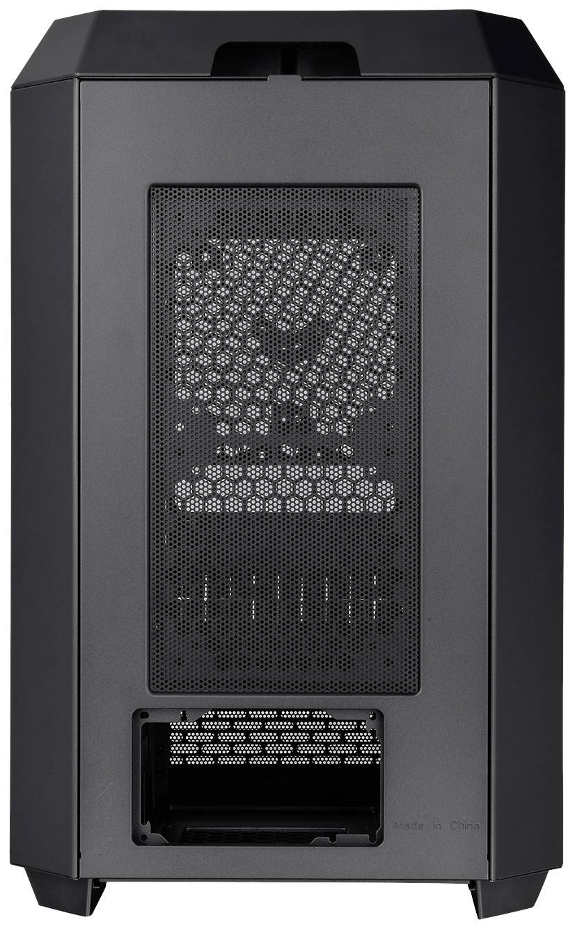 A black computer case with a mesh grille for ventilation and multiple expansion slots located at the bottom.