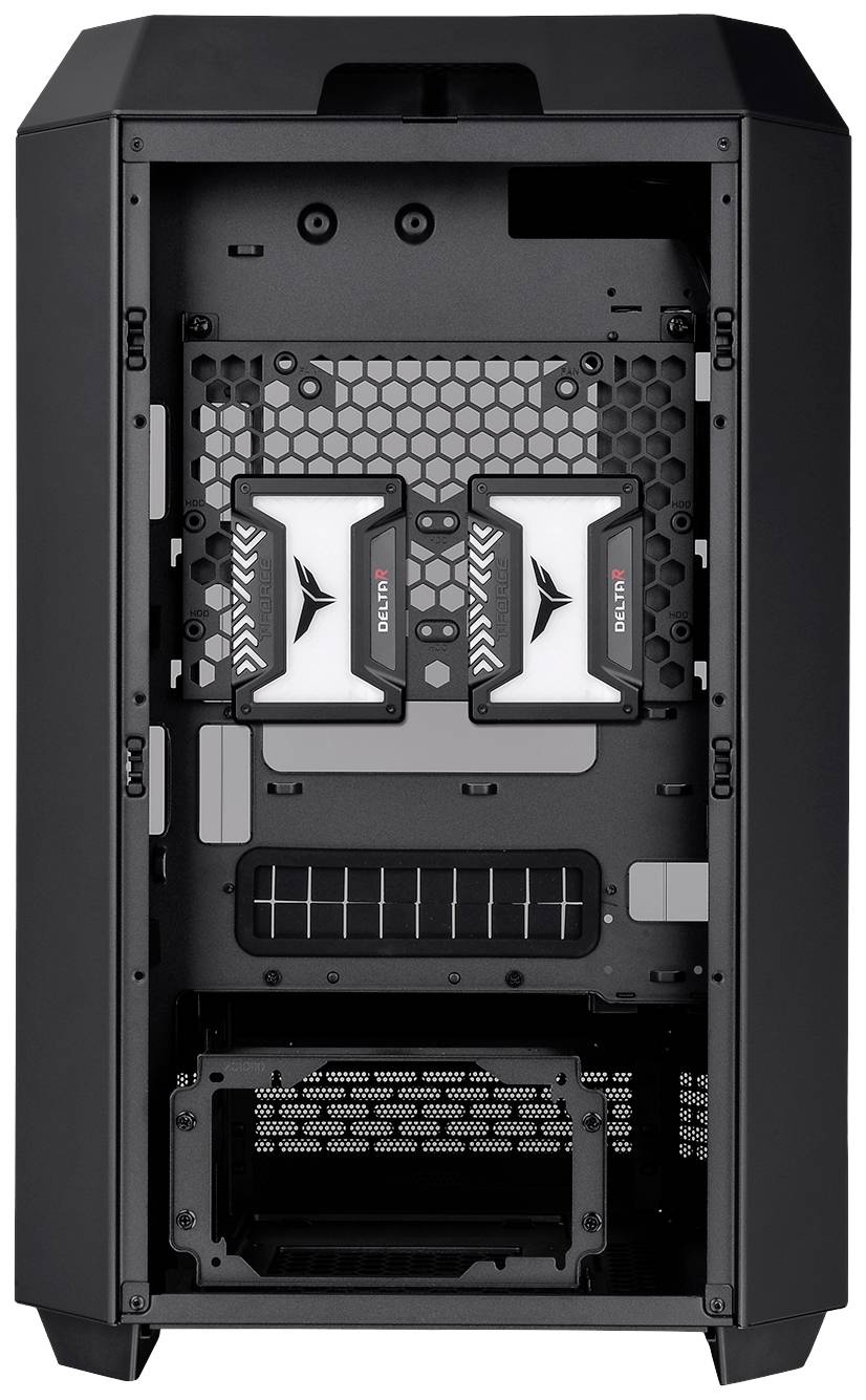 Black computer case with an open front panel. Visible are two SSD slots, ventilation grilles, and cable management openings.