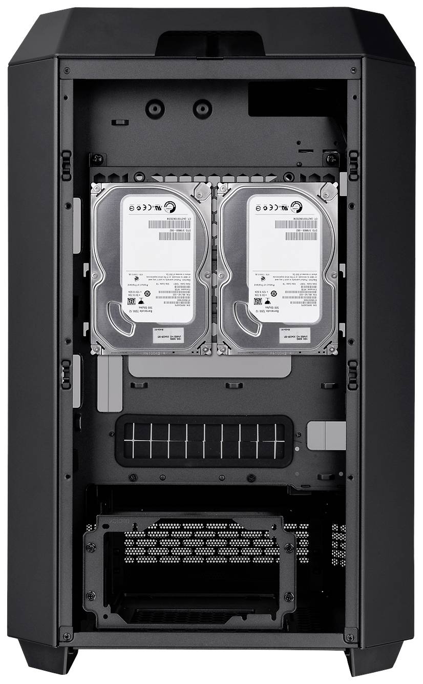 Open computer case with two fixed installed hard drives. Internal structure and ventilation slots are visible.