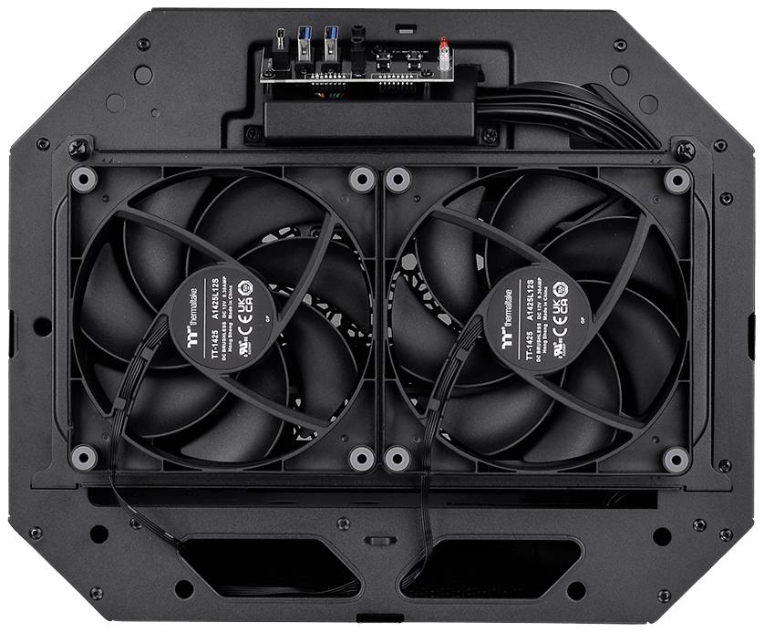 'Back of a computer case with two installed fans and cabling, focusing on cooling and ventilation.'