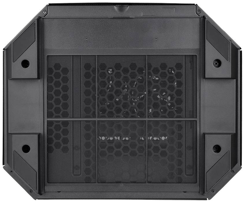 A computer case viewed from below, showing a hexagonal ventilation grille design with a removable dust filter, four corner reinforcements.