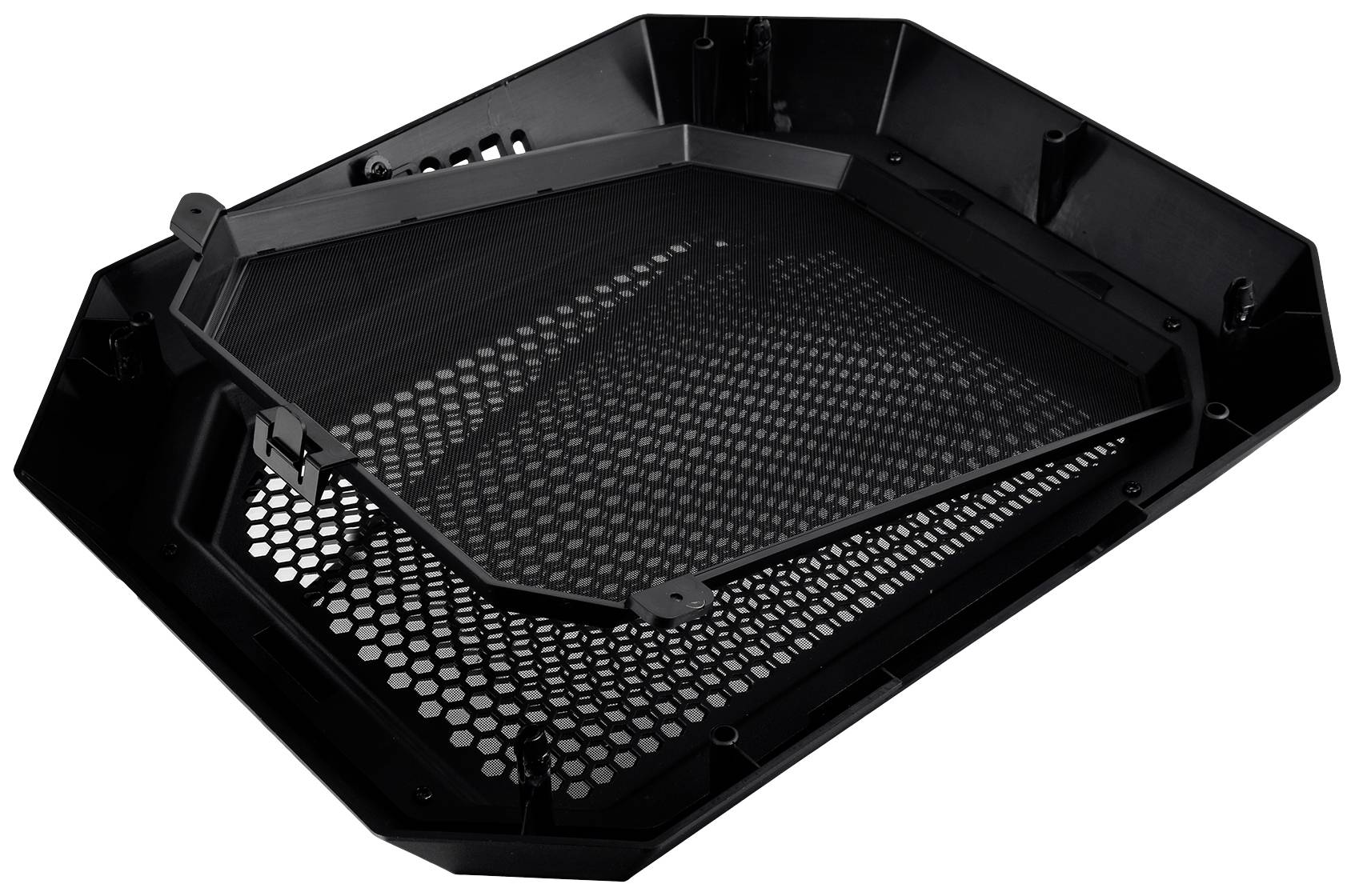 Black computer cooler with a hexagonal mesh design that enables optimal air circulation.