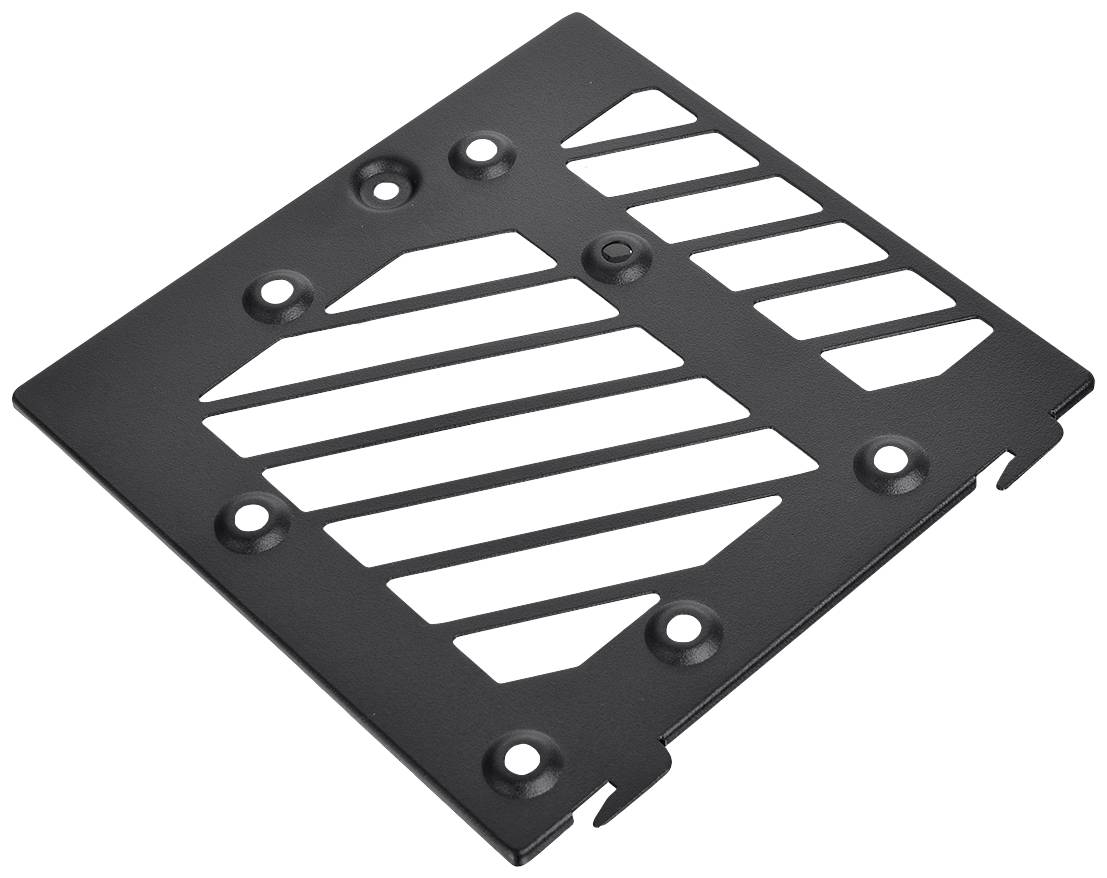Metal plate with diagonal stripes and holes at the corners, used for ventilation or as a cover in machines or devices.