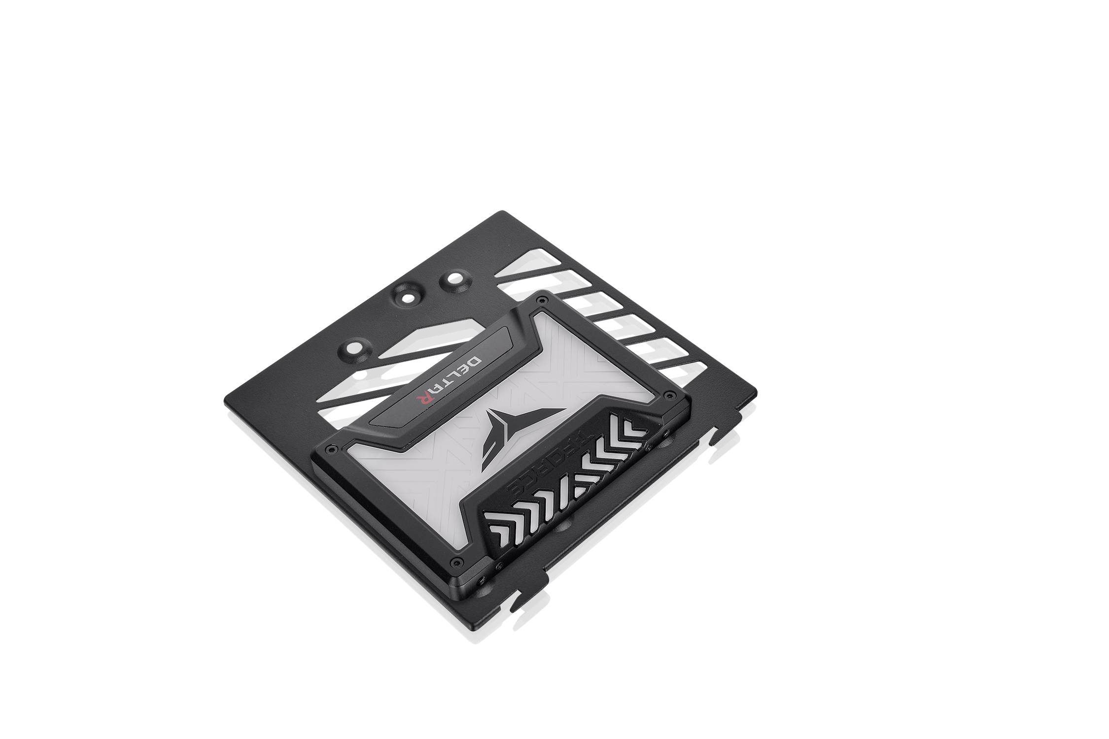 A grey and white computer component with an arrow pattern and black frame, positioned on a white background.