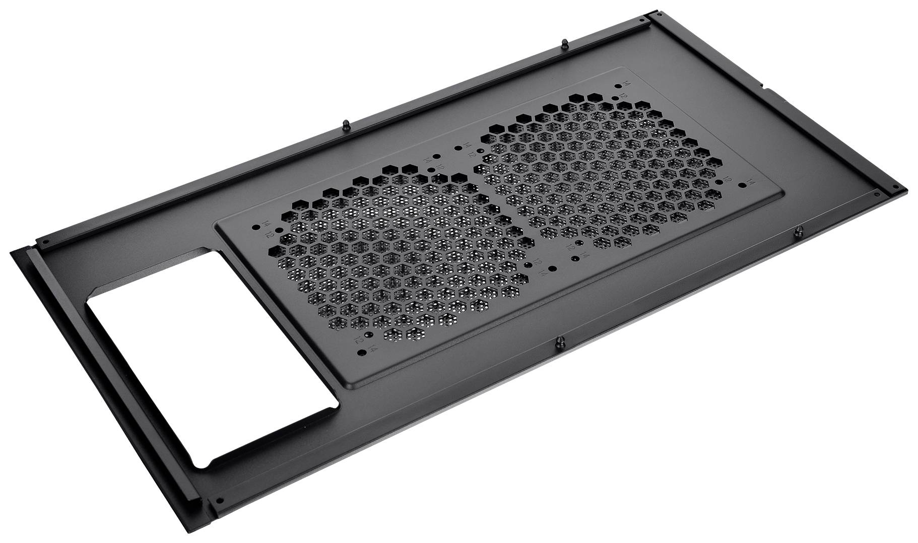 A computer case lid with two large, round ventilation grilles and a rectangular cutout for additional components.