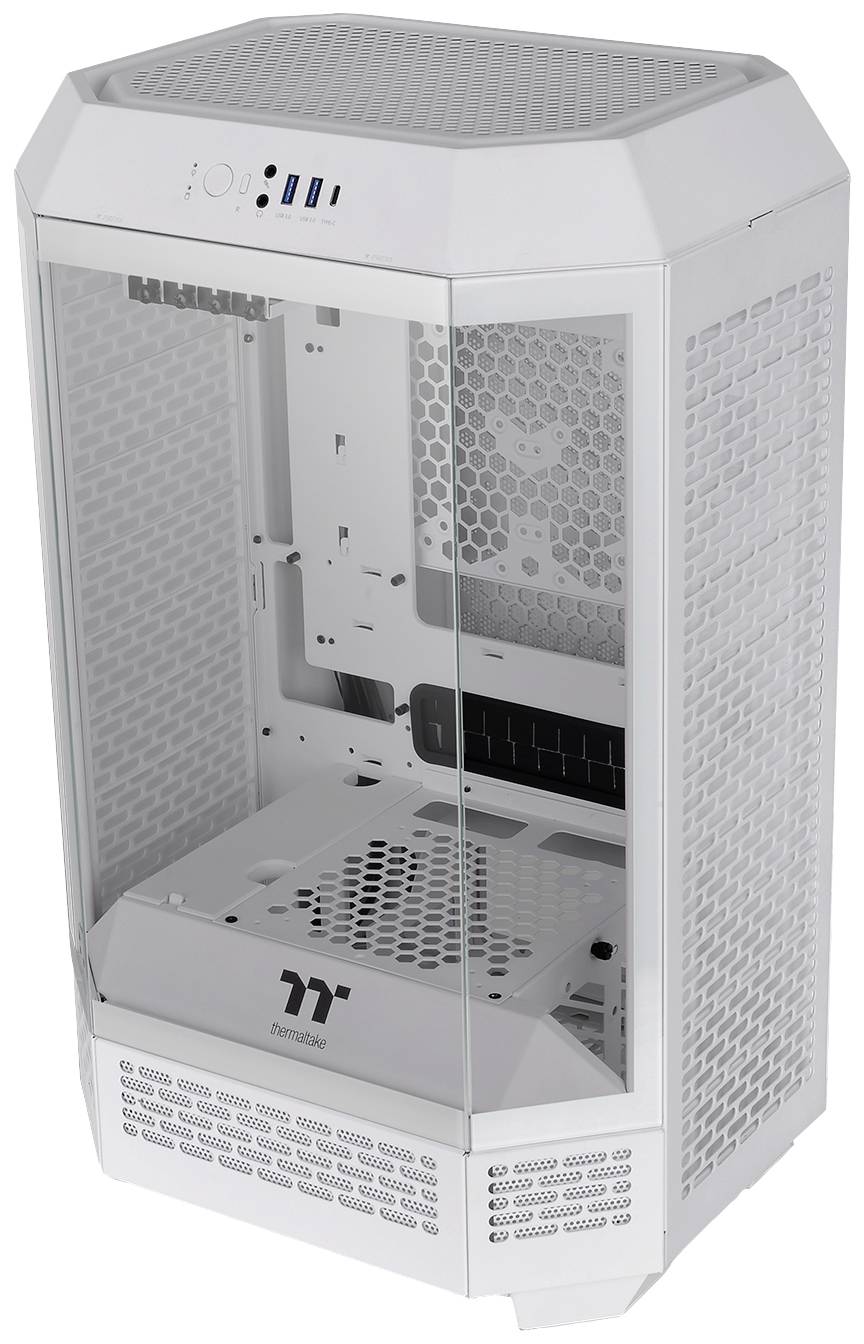A white, tower-style computer case with transparent sides and modern ventilation. At the top are connections for USB and audio.