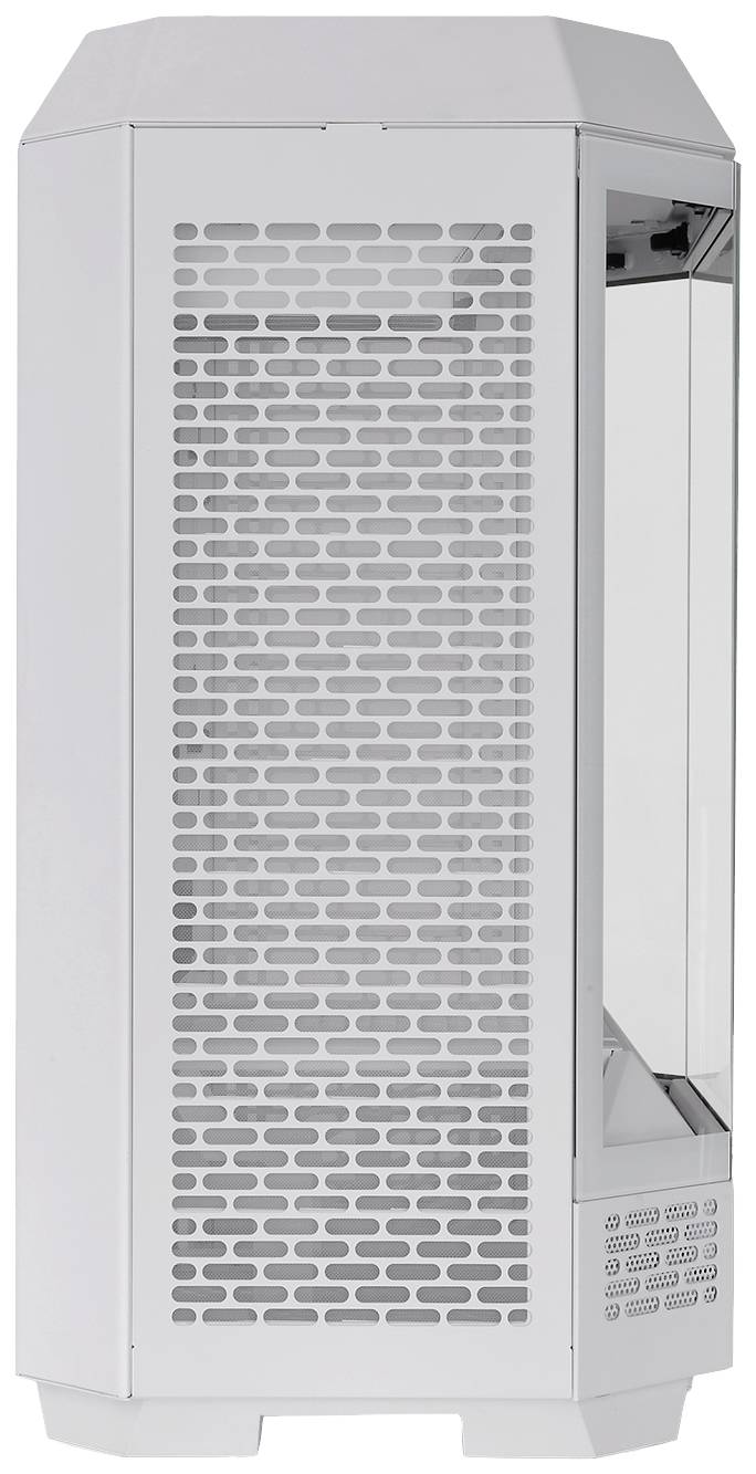 White metal computer tower with transparent glass side panel and ventilation grilles, suitable for building a desktop PC.