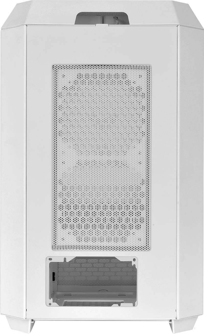 White metal enclosures viewed from the rear with ventilation grille and expansion slot. Clean lines and modern design, suitable for technical equipment.
