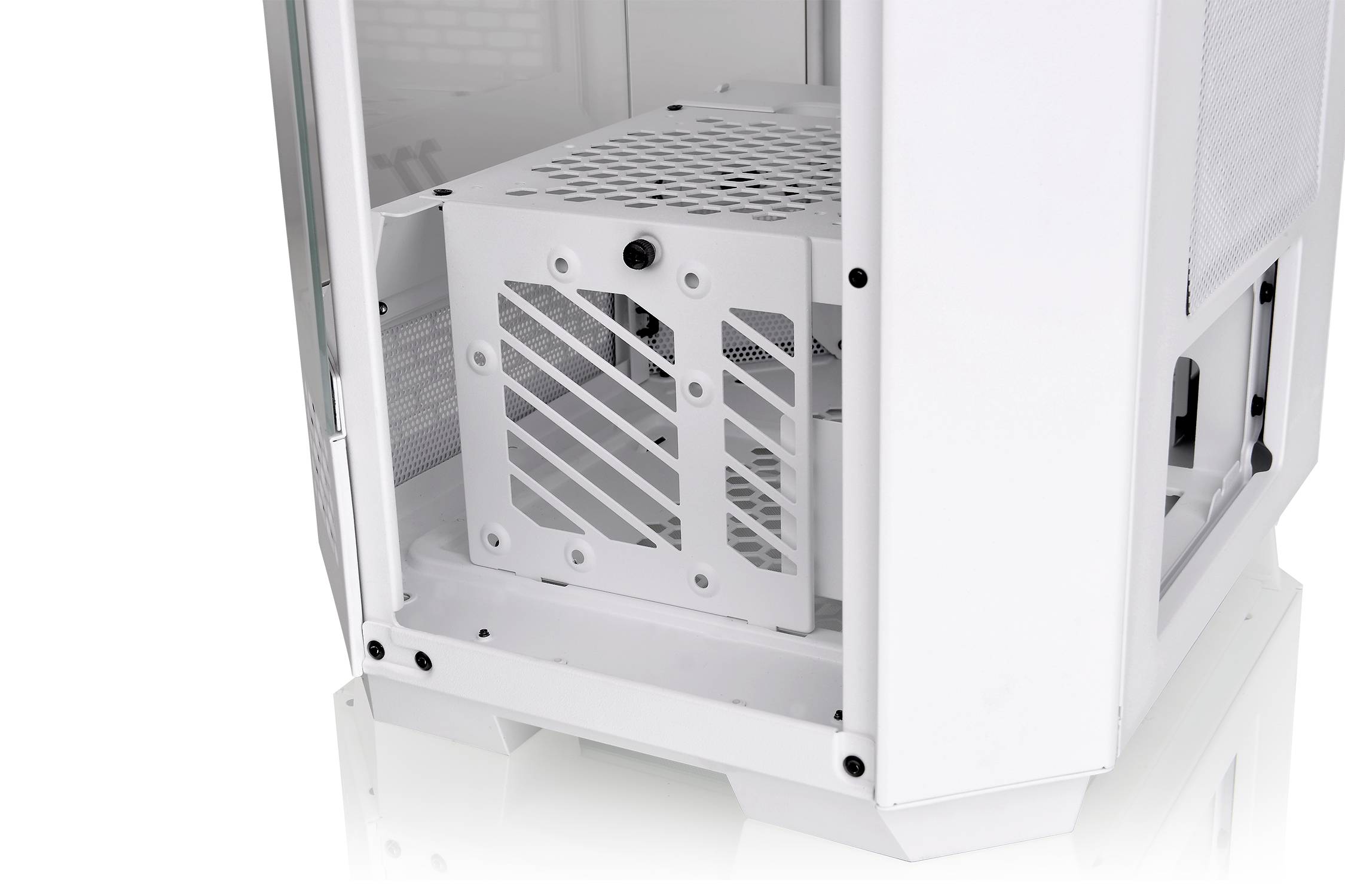 White computer case with an open side panel, revealing an internal hard drive cage and ventilation grilles for improved air circulation.