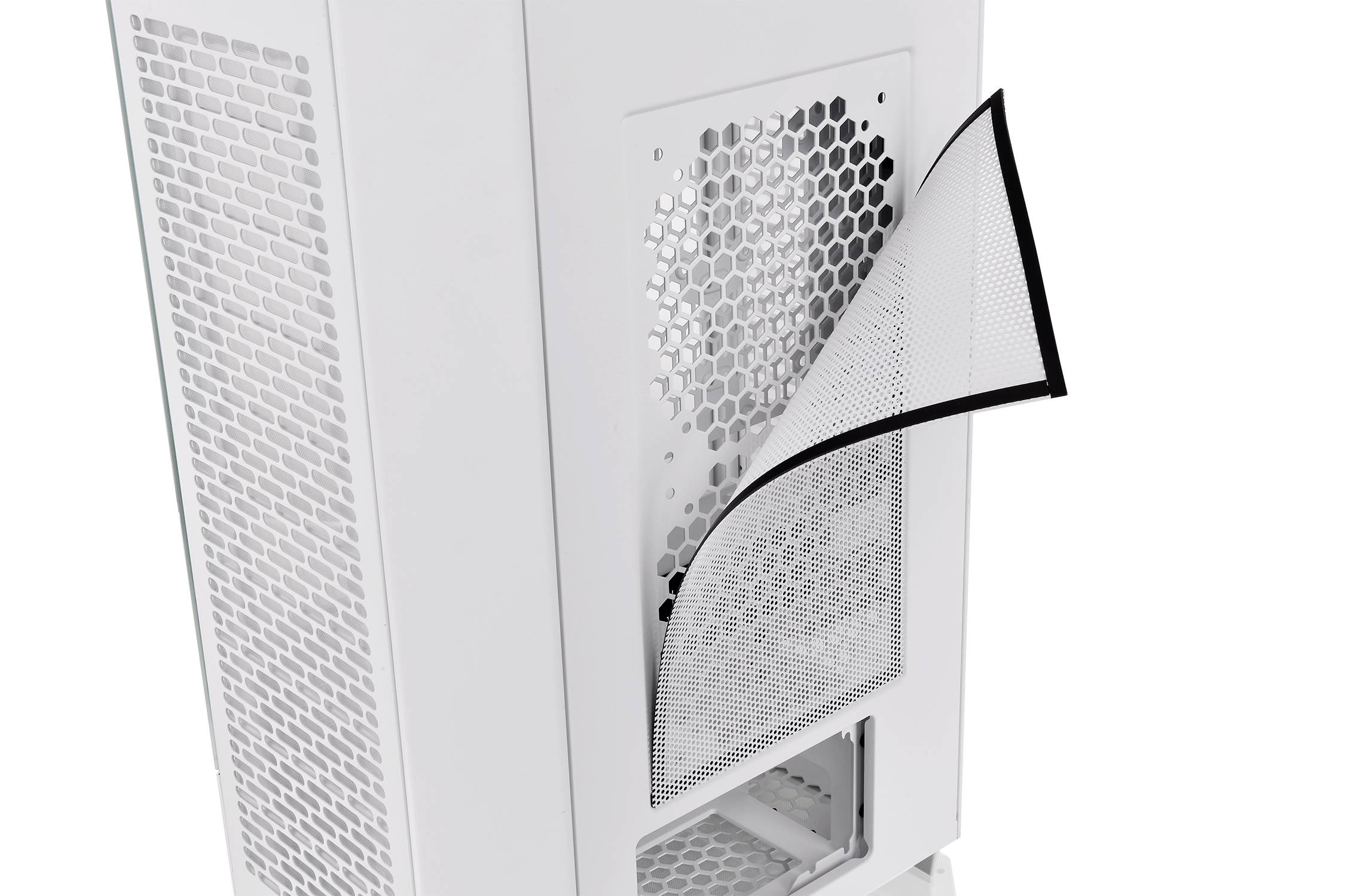 A white computer case with a removable honeycomb cover. The cover is partially removed to demonstrate the ventilation options.