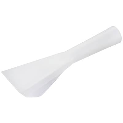 White plastic spatula with a long handle and a shovel-like edge, used for mixing or scraping in the kitchen.