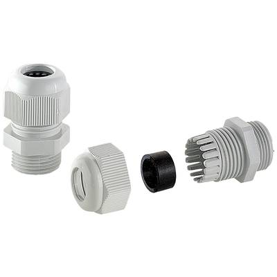 Multi-part cable gland in individual components: housing, sealing cap, seal. Assembled on the left, disassembled on the right.