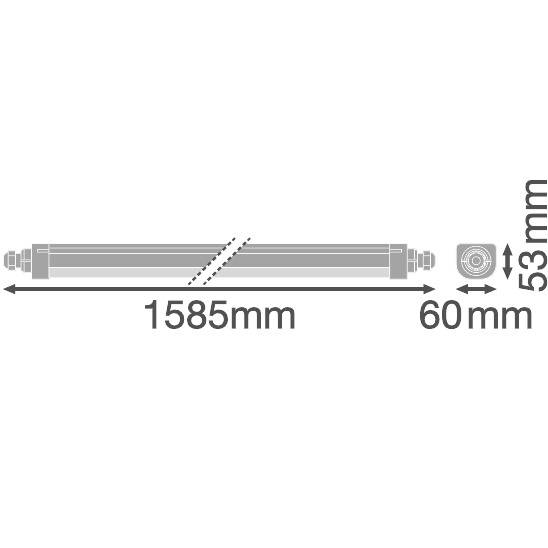 Illustration of a tube with dimensions: length 1585 mm, diameter 60 mm, height 53 mm.