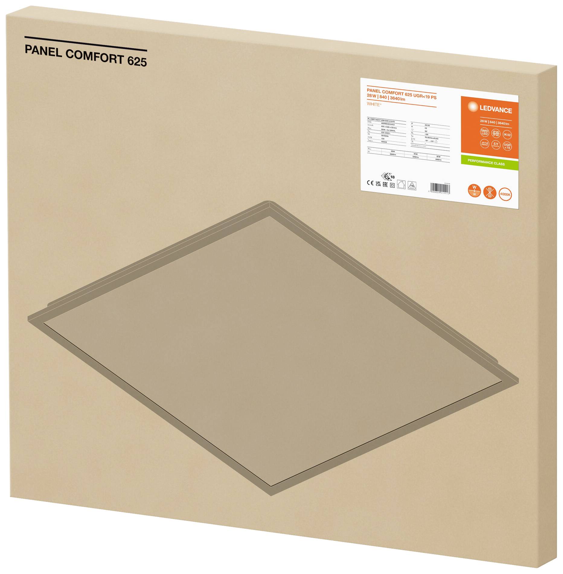 Cardboard packaging with the inscription 'PANEL COMFORT 625' and an image of the interior product. A label with technical information is located in the top right corner.