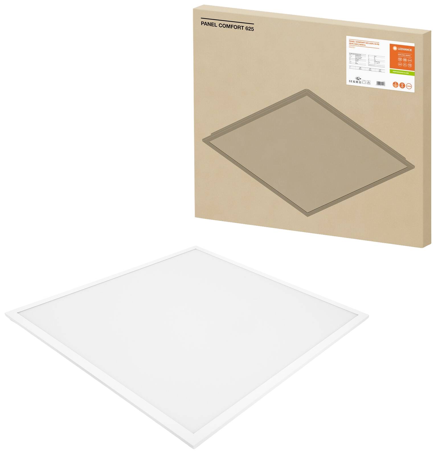 A square LED panel light is displayed in front of its packaging. The packaging shows a stylised image of the light and product specifications.