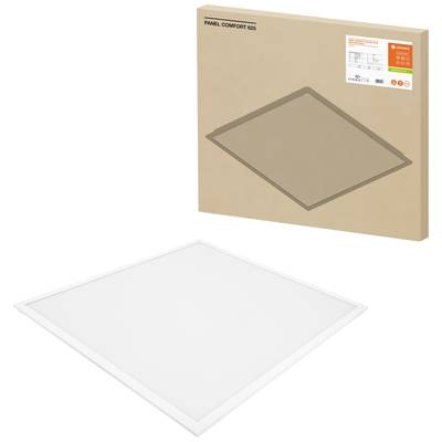 A square LED panel light is displayed in front of its packaging. The packaging shows a stylised image of the light and product specifications.