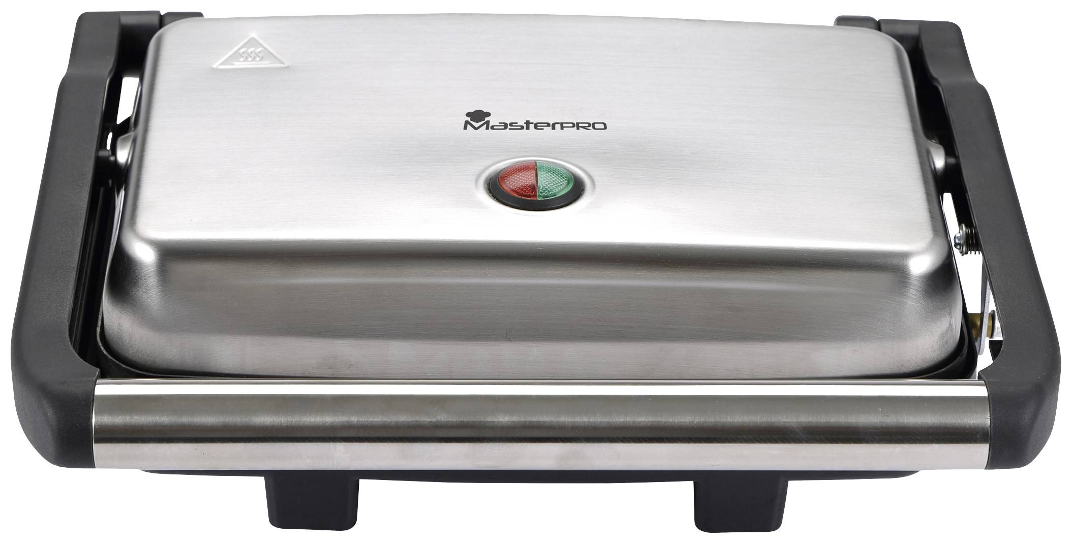 A closed contact grill made of stainless steel with handles, a warning symbol, and indicator lights on the lid.