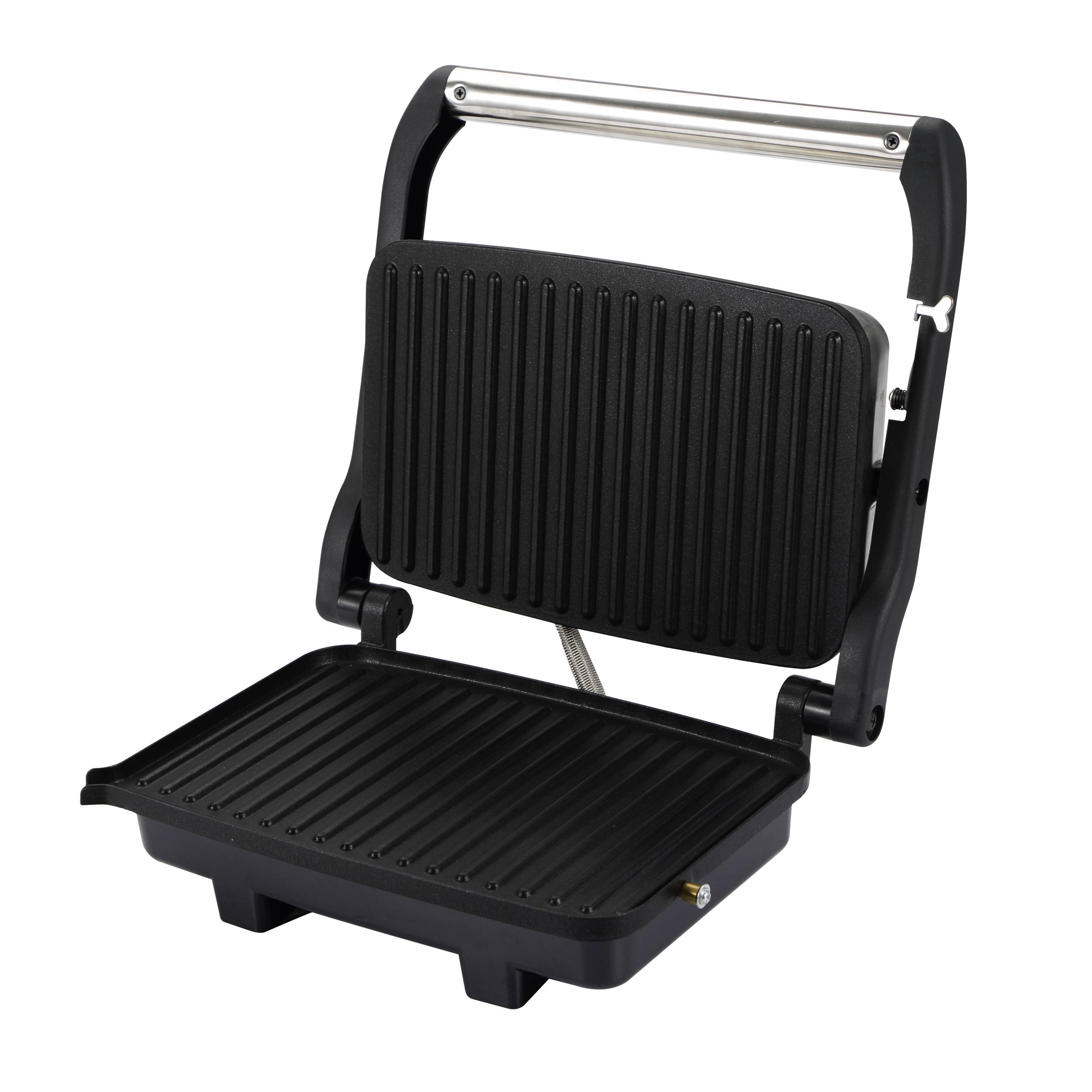 Electric contact grill with non-stick cooking plates and adjustable hinge, suitable for grilling sandwiches.
