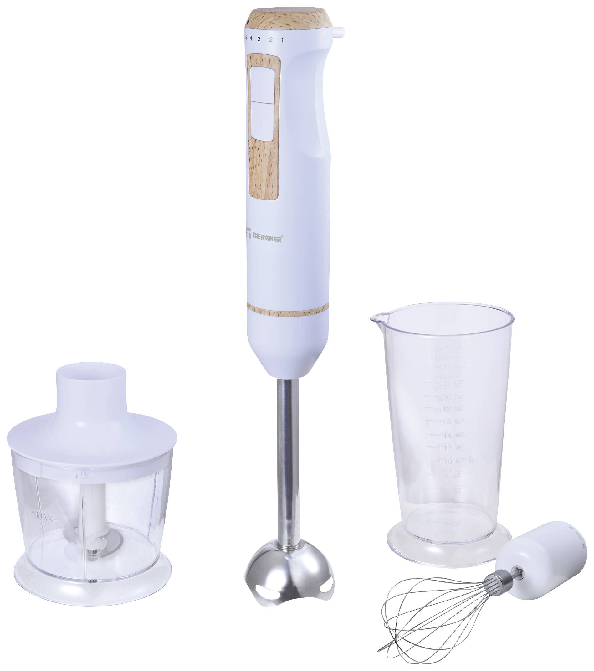 Bergner Hand-held blender 800 W with graduated beaker, with blender attachment White, Wood