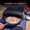 A person is sliding a pizza onto a pizza paddle into an oven. The text emphasises the safety and stability of the paddle.