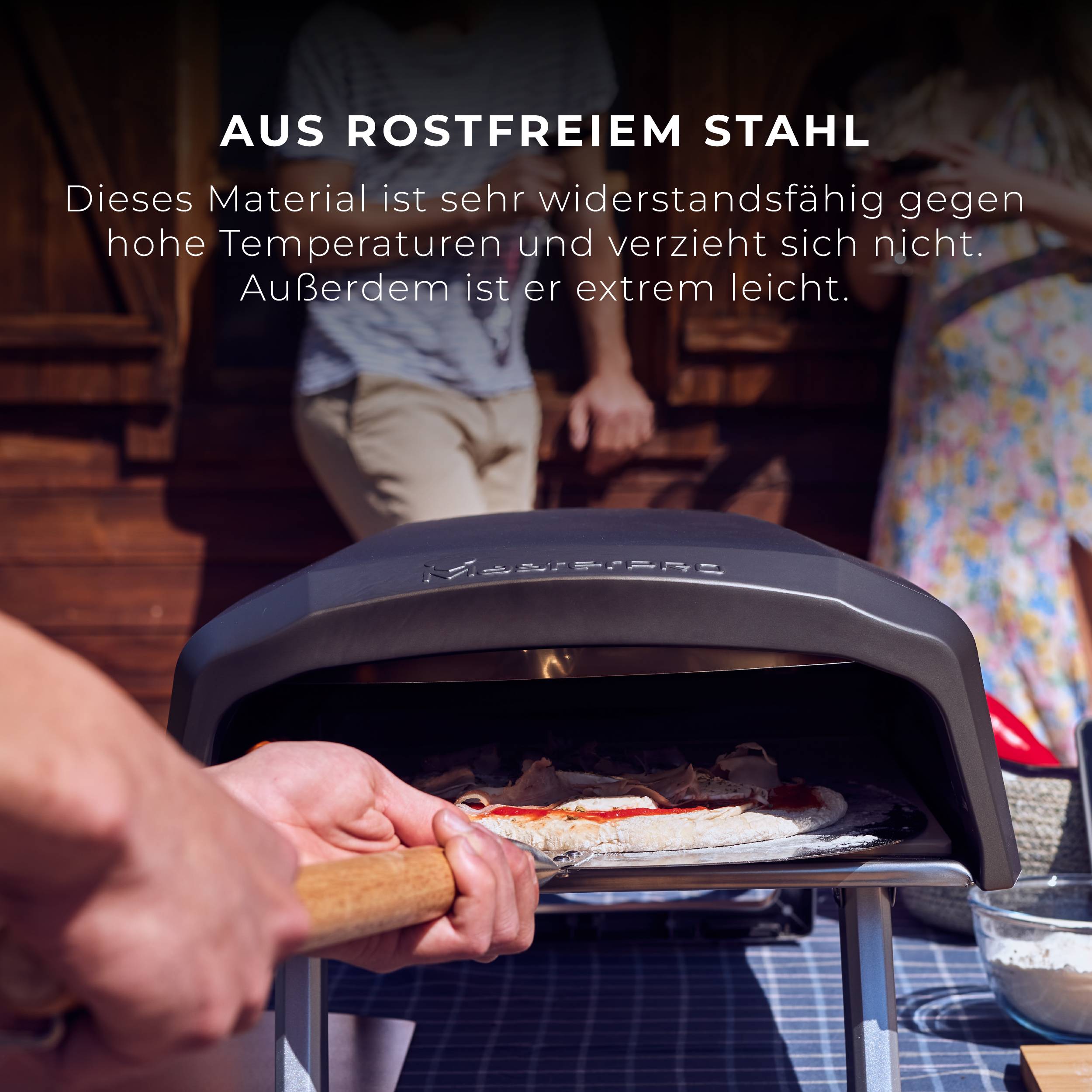'Stainless Steel Oven' shows a person sliding a pizza into an oven. Text describes material advantages: durable, lightweight.