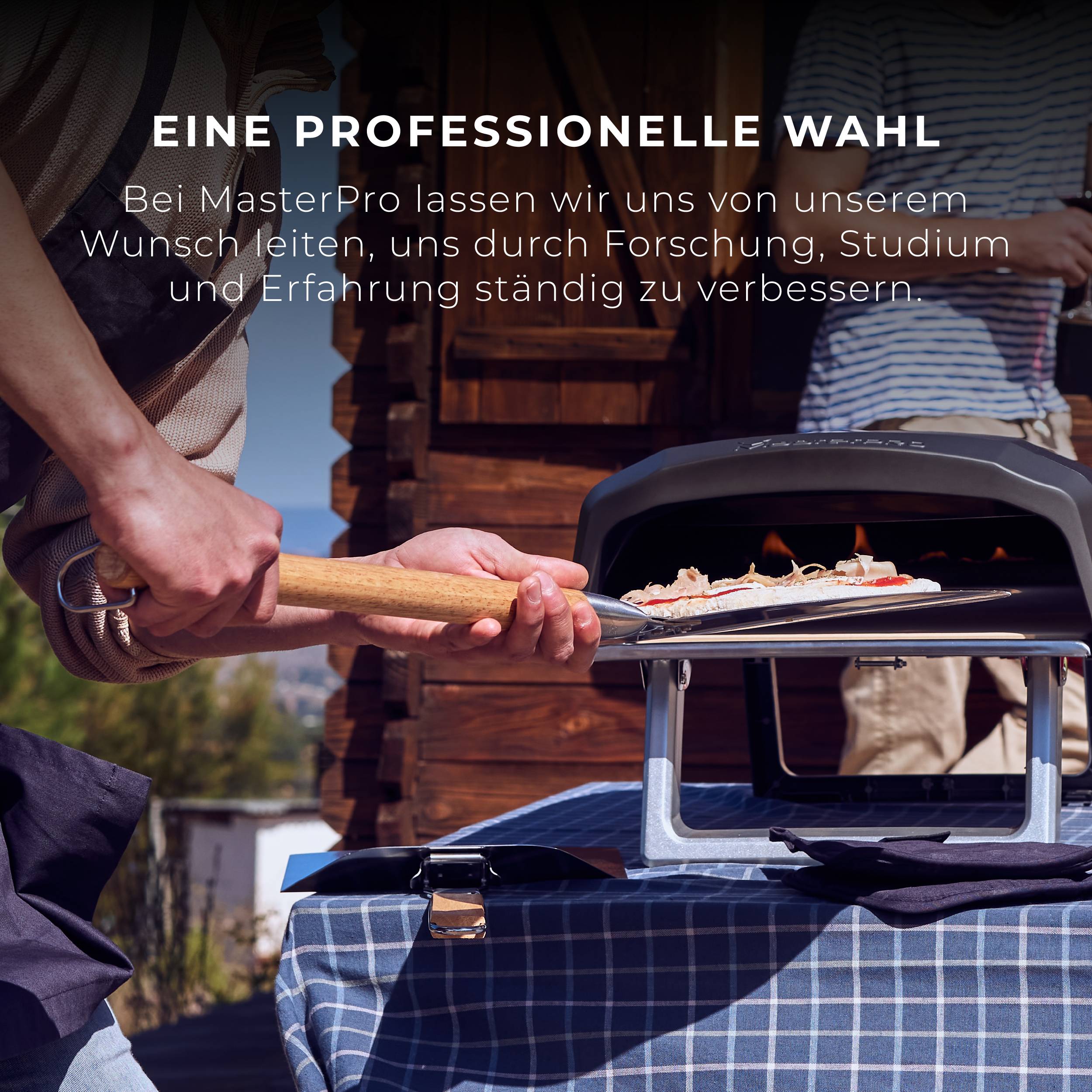 A person is baking pizza in an outdoor oven. Text: 'A professional choice. At MasterPro, we continuously improve ourselves through research, study and experience.'