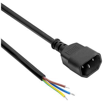 A black power cable with stripped, colour-coded wires (brown, blue, green/yellow) at the end.