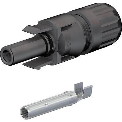 'Image of a black connector next to a metallic plug terminal.'