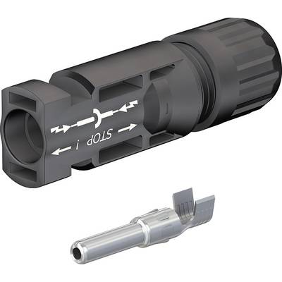 Electrical connector with 'STOP' marking and arrows indicating connection direction, alongside a metal contact.