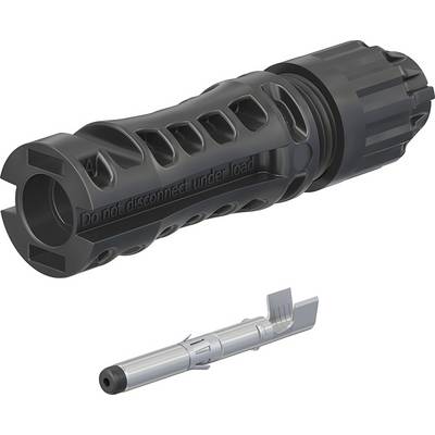 Black electric connector, cylindrical in shape with a ribbed grip, with a silver metal pin underneath.