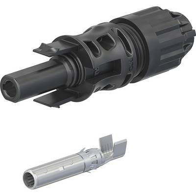 A solar PV connector next to a metal contact. The connector has a black plastic casing, with the metal contact being cylindrical in shape.